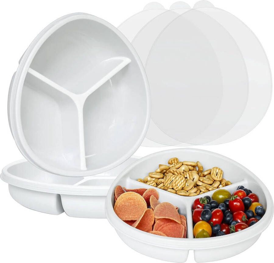 Serveerset met 3 vakken 3-delige set ronde snackschalen & dip transportbox met deksel snackborden van PP stapelbaar snackdienblad voor picknick feest ontbijt vaatwasser- en