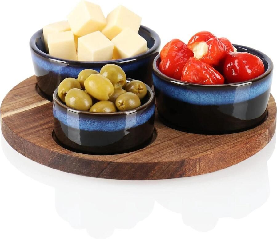 Serveerset schalenset voor tapas mezze antipasti acaciahouten plank 3 schalen in maten met dienblad (4-delig blauw)