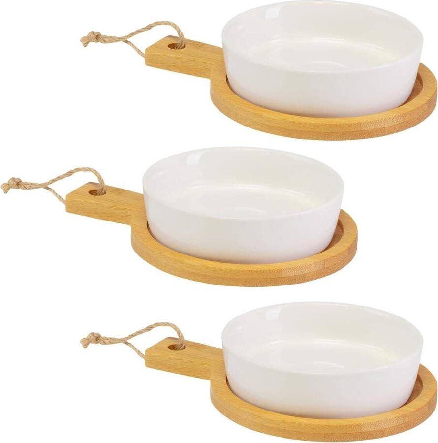 Serveersets keramische schaaltjes op bamboeplaat met handvat Rond ø 11 cm Bamboe Keramiek Tapas + Friends Lichtbruin Wit 696422E2