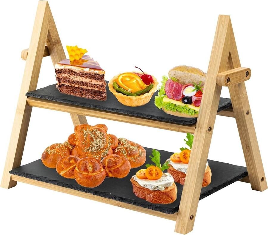 Serveerstandaard 2 Niveaus Leisteen Opvouwbaar Taartplateau Afternoon Tea Desserts Cakes Sushi Antipasti Staan 32cm x 41cm