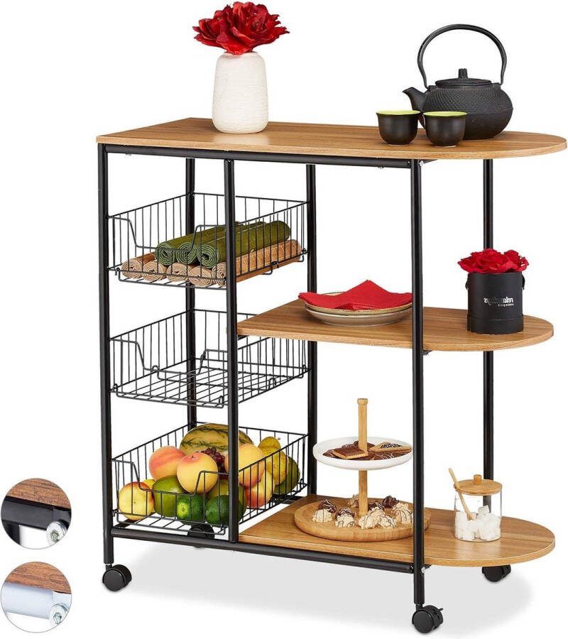 Serveerwagen 3 etages en manden Industrieel design Metaal en MDF 84x83x37 cm Zwart en lichtbruin