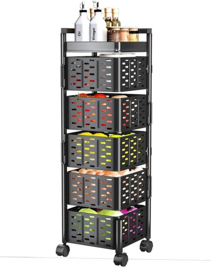 Serveerwagen keukentrolley serveerwagen met wieltjes extra dik staal magnetisch design keukentrolley met wielen kantoor 5 etages hoekig zwart (zwart vierkant 5 niveaus)