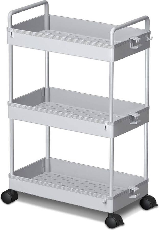 Serveerwagen Keukenwagen Badkamerwagen Badkamer Trolley 3 Niveaus Winkelwagen Multifunctionele Keukenrek met Haak Handvat Keuken Plank Grijs opbergen keukentrolley slaapkamertrolley babykamertrolley badkamertrolley