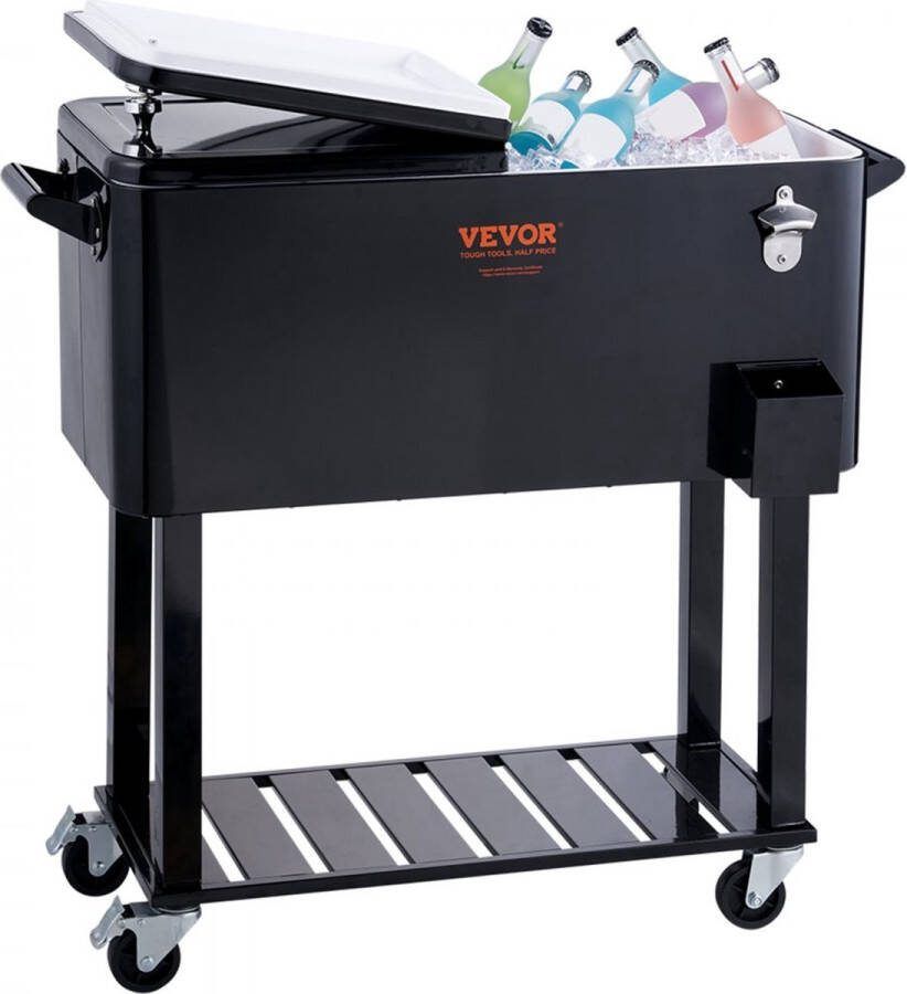 Serveerwagen Koelwagen 80 QT Zijwagen Drankwagen 930 x 460 x 890 mm Drankkoeler Poedercoating Drankkoelwagen IJsbox IJswagen Partywagen met scheidingswand Zijwagen Zwart