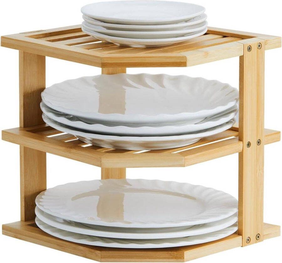 Servies-organizer van bamboe voor hoekkast 25 x 25 x 25 cm 3 etages keukenrek afdruiprek bordenstandaard bordenrek