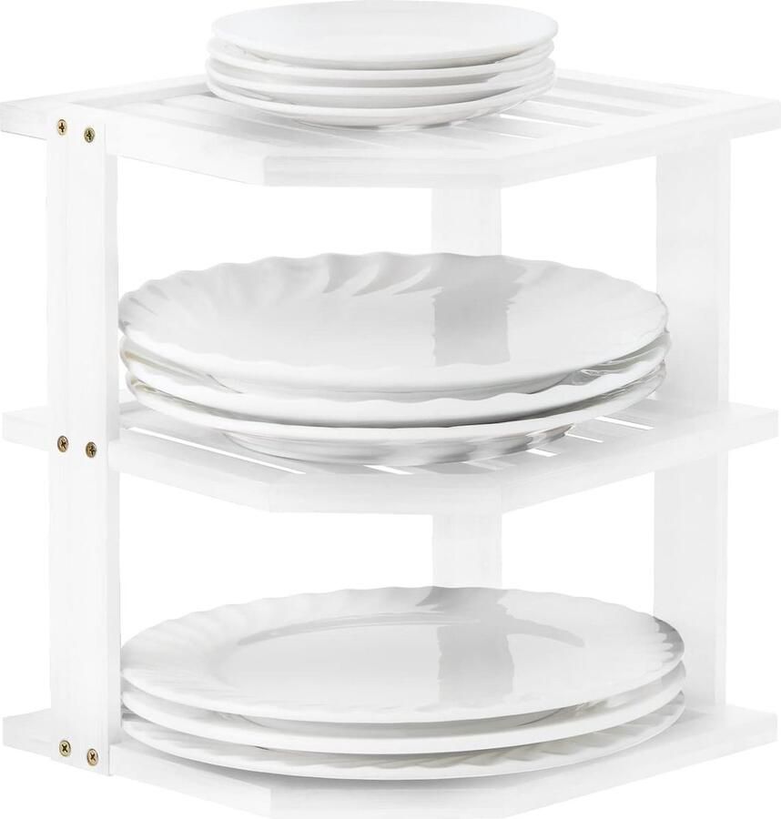 Serviesorganizer bamboe 25 x 25 x 25 hoekkastinzet met 3 etages voor keukenrek afdruiprek bordenstandaard wit