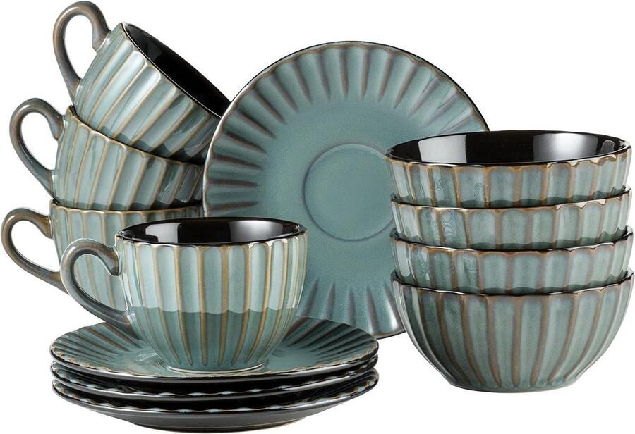 Serviesset 12 persoons MÄSER 931966 Serie Confino 4 personen moderne vintage look 12-delig ontbijtservies keramiek petrol zwarte accenten aardewerk. Serviesset 12 persoons