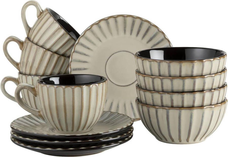 Serviesset 12 persoons Moderne vintage look 12-delig ontbijtservies van keramiek in beige met zwarte accenten aardewerk MÄSER 931965 Serie Confino Serviesset 12 persoons