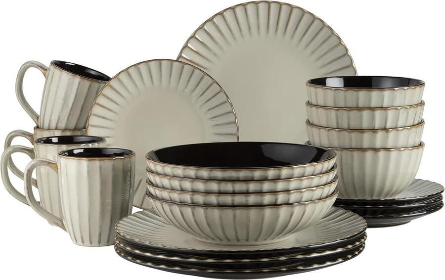 Serviesset 12 persoons Moderne vintage look Serie 20 delig combiservies keramiek beige zwart steengoed Serviesset 12 persoons