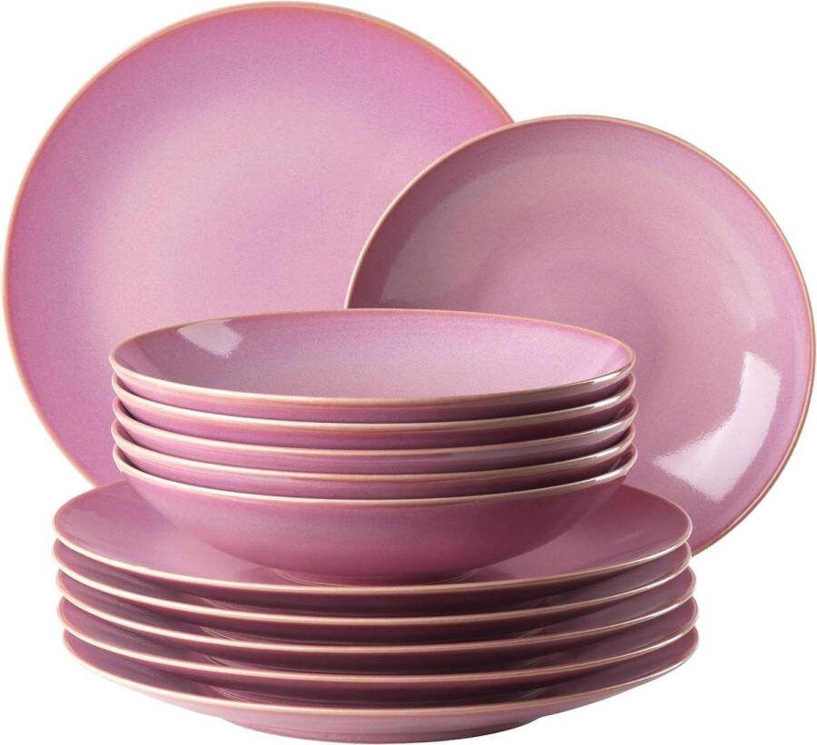 Serviesset 12 persoons Ossia bordenset voor 6 personen mediterrane vintage look modern tafelservies soepborden platte borden roze keramiek Serviesset 12 persoons