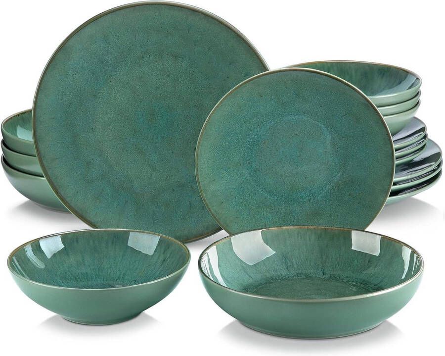 Serviesset 12 persoons Vancasso Tafelservies 16-delige Karst combiserviesset aardewerk vintage look 4-12 personen Groen Serviesset 12 persoons