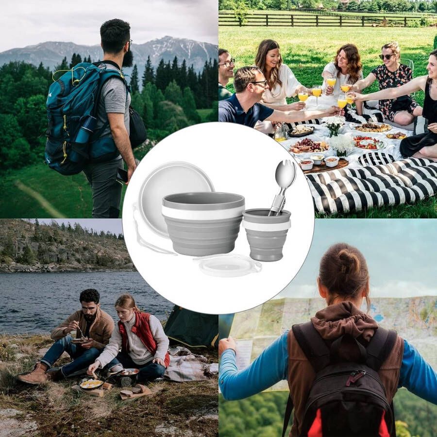 Serviesset tafelservies voor camping inclusief opvouwbare siliconen kom en beker met deksel roestvrijstalen slalepel voor backpacking outdoor camping wandelen en picknick