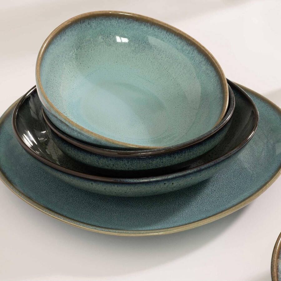 Serviesset van aardewerk 4-dlg. pottery-look tafelservies voor 2 personen turquoise