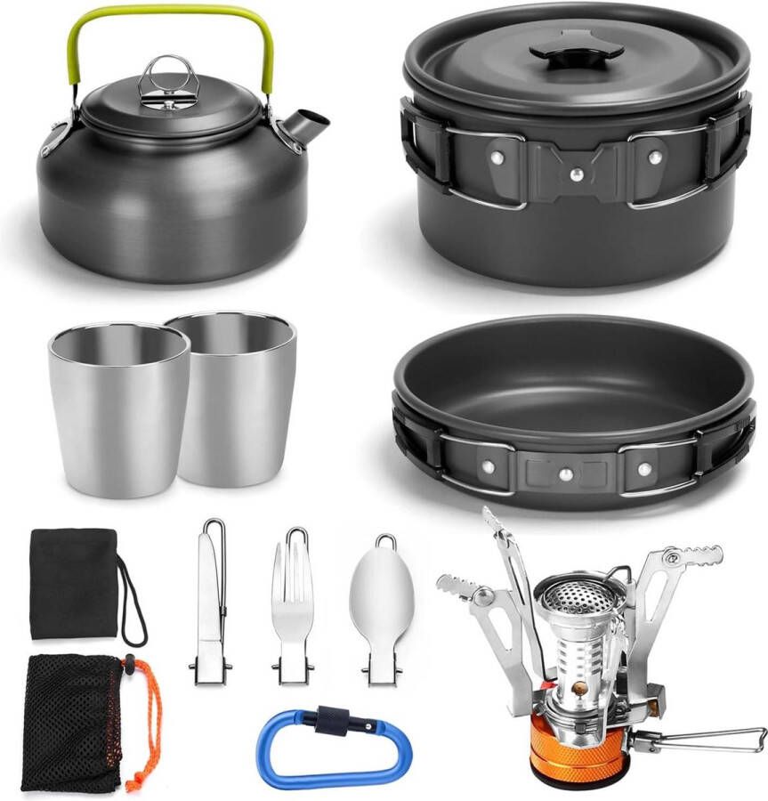 Serviesset voor 1-2 personen kookset met draagbare aluminium pot theeketel mokken opvouwbaar bestek voor camping outdoor picknick wandelen compact en lichtgewicht