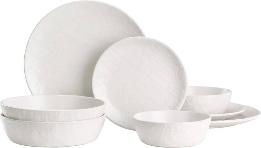 Serviesset voor 2 personen Stijvol aardewerk servies 8-delige borden set Compact en stapelbaar Magnetron en vaatwasserbestendig Wit