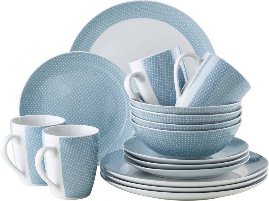 Serviesset voor 4 personen 16-delig combiservies pastelkleuren met discreet patroon blauw porselein
