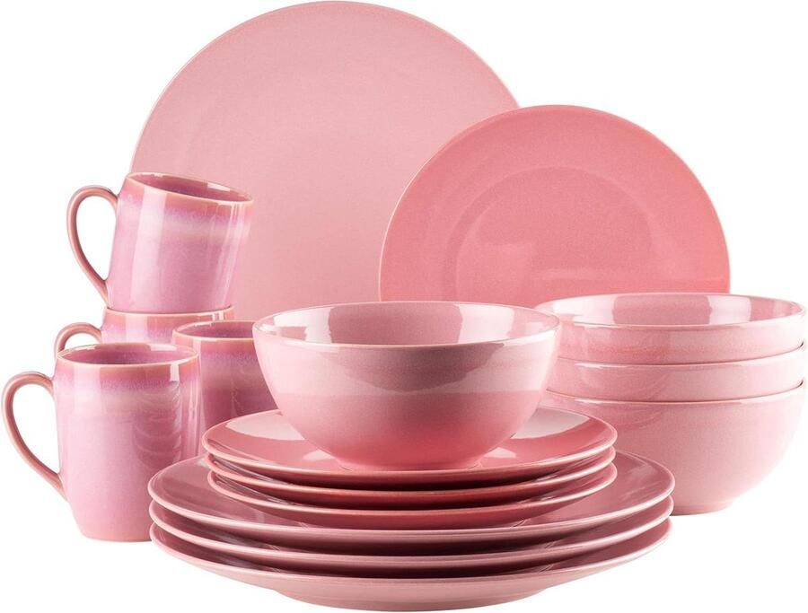 Serviesset voor 4 personen Mediterrane vintage look 16-delig combiservies Amaranth Pink keramiek