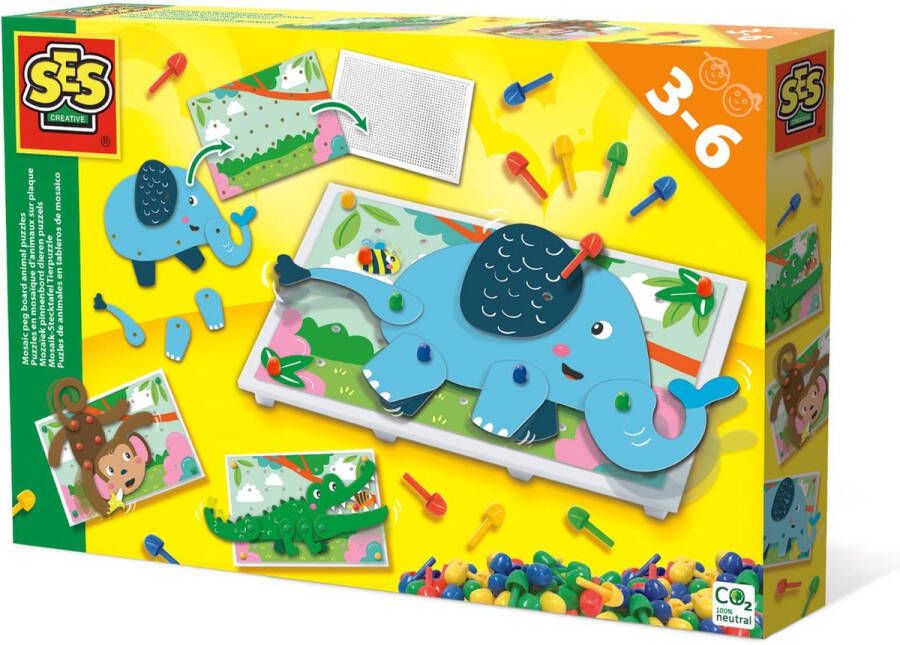 SES Ik Leer Mozaïek pinnenbord dieren puzzels met 100 pinnen in 4 kleuren steeds opnieuw te gebruiken
