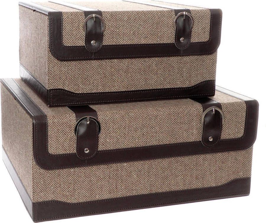 Set 2 reiskoffers decoratie leer stof opbergdoos
