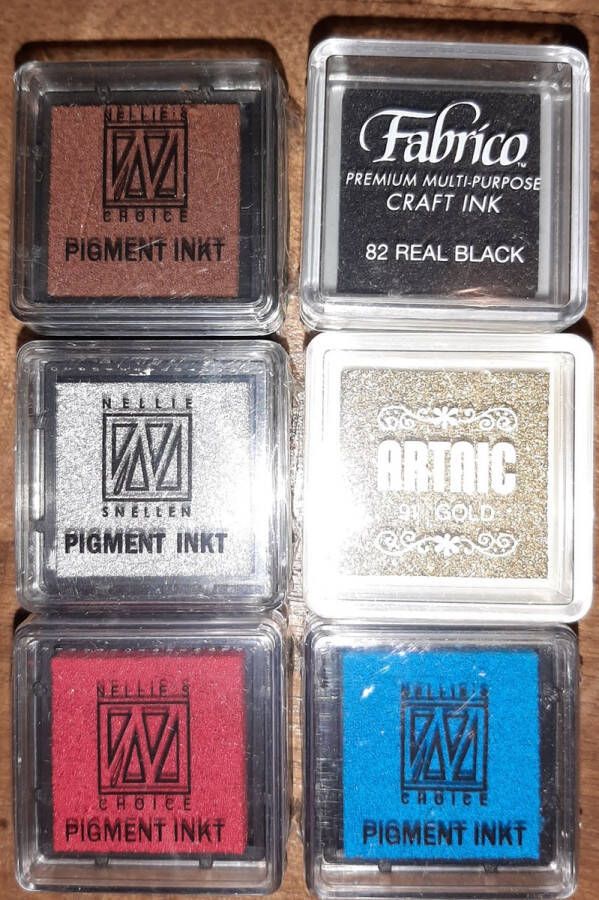Set 6x mini stempelkussen stempelinkt inktkussen basisset stempelset inktkussens 3x3 cm zwart goud zilver blauw bruin rood