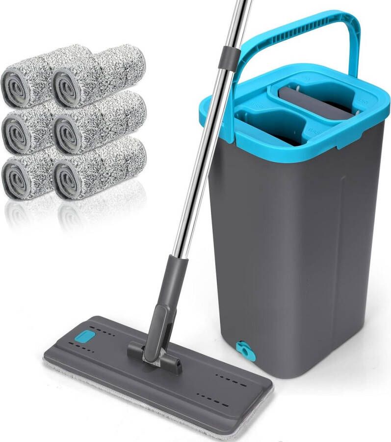 Set dweil met emmerspinner platte dweil natte en droge emmer 140 cm verstelbare handgreep voor vloerreiniging 6 microvezelpads (grijs)