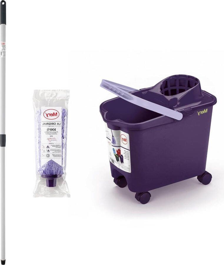 Set emmer met mop en stok automatisch afdruipoppervlak wielen paars 14 l super absorberende microvezelmop telescoopstang van kunststof 80 x 140 cm