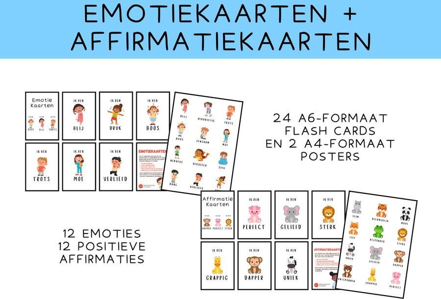 Set emotiekaarten en affirmatiekaarten voor kinderen Totaal 24 flash cards Emoties en gevoelens verkennen en leren begrijpen Positieve affirmaties dragen bij aan een positieve mindset Gedrukt op stevig A6 formaat papier