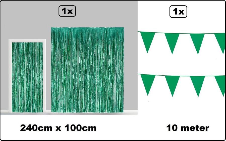 Set Folie gordijn metallic 2 4m x 1m groen + vlaggenlijn groen 10 meter Decoratie festival themafeest carnaval gala disco glitter and glamour wanddeco