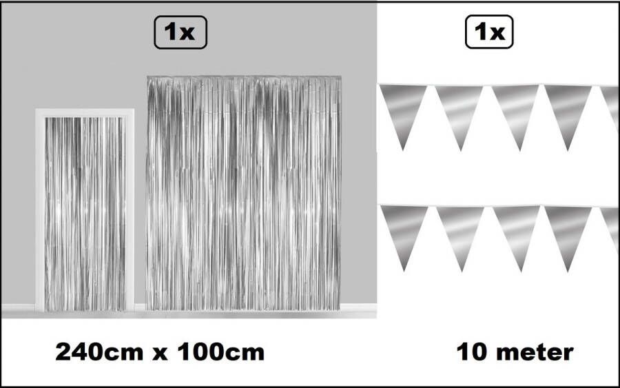 Set Folie gordijn metallic 2 4m x 1m zilver + vlaggenlijn zilver 10 meter