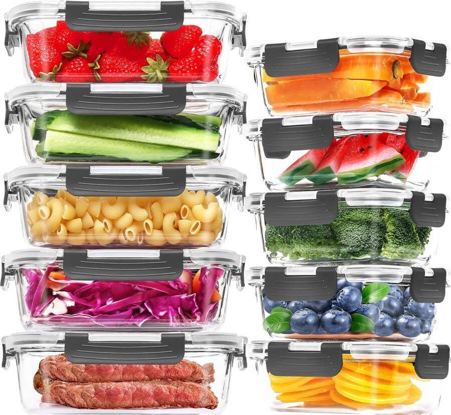 Set glazen voedselopslagcontainers 10 stuks Skroam glazen opbergdoos voor voedsel (10 deksels en 10 containers) BPA-vrije luchtdichte keukenopslagcontainers magnetrons en amp; Vriezer vriendelijk