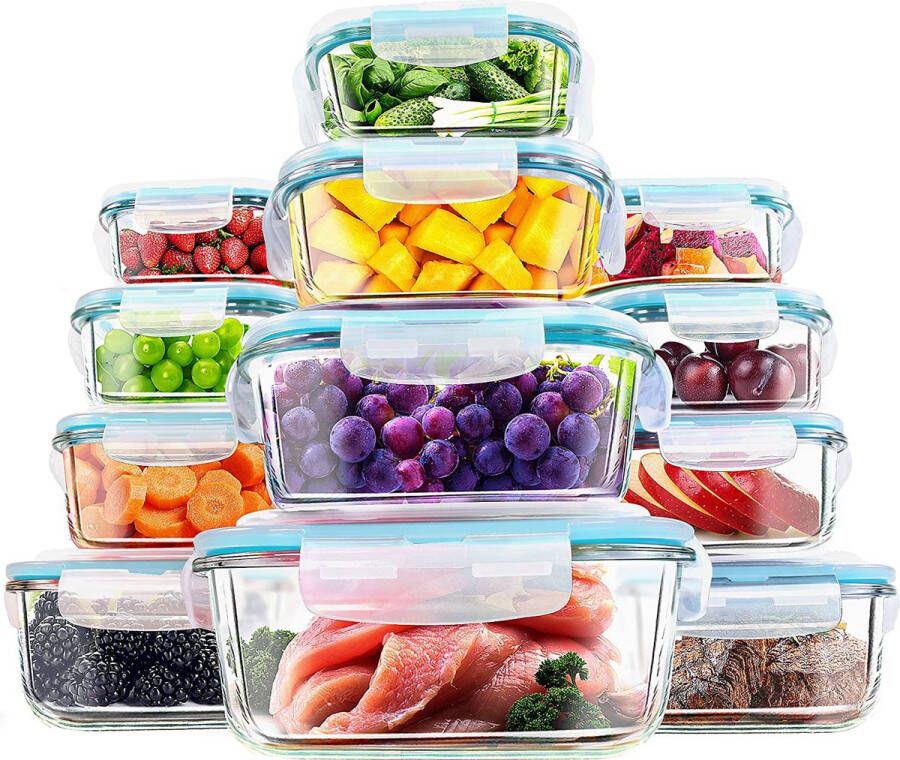 Set Glazen Voedselopslagcontainers 24 Stuks (12 Containers met 12 vergrendelbare deksels) – Microgolfoven- en Diepvriesbestendig Lekvrij BPA vrij FDA & FSC Goedgekeurd