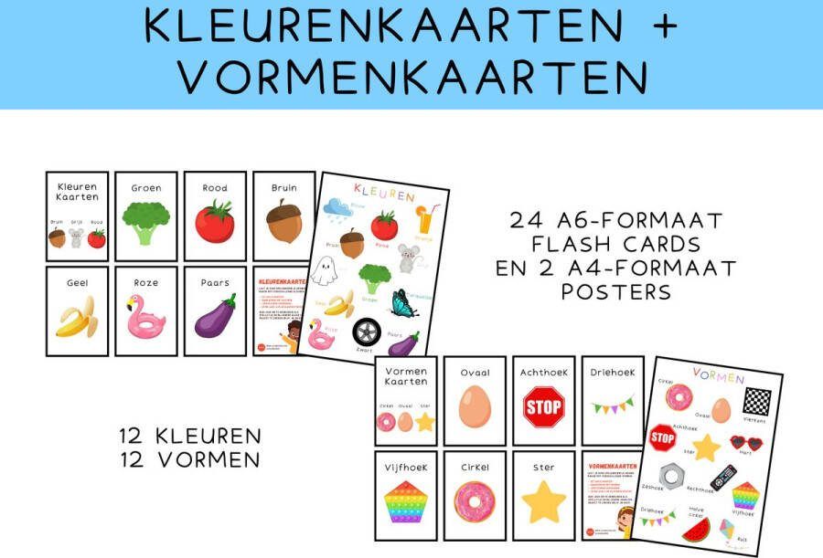 Set kleurenkaarten en vormenkaarten voor kinderen Totaal 24 flash cards Spelenderwijs leren ontdekken met dagelijkse voorwerpen Handig hulpmiddel Gedrukt op stevig A6 formaat papier