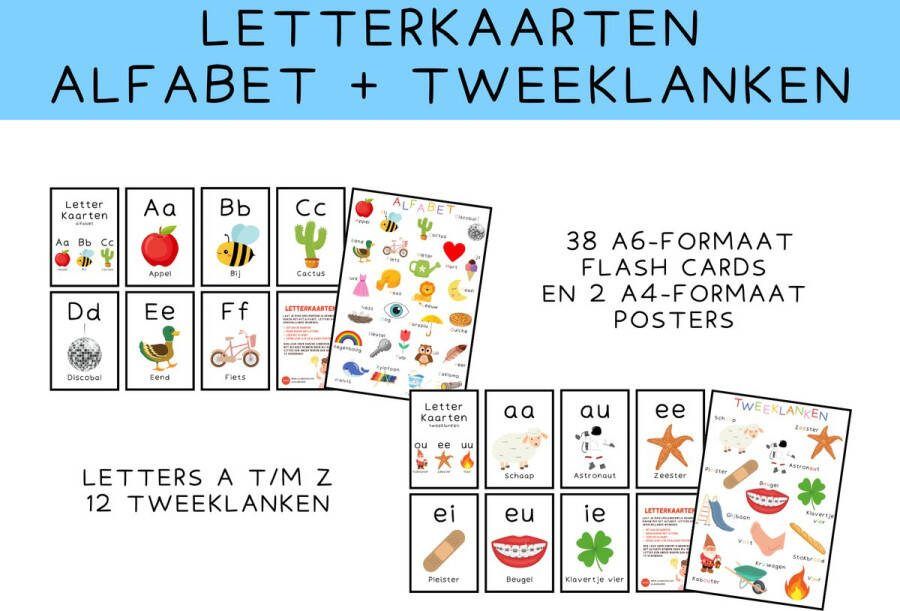 Set letterkaarten alfabet en tweeklanken voor kinderen Totaal 38 flash cards Stimuleer taalkennis Spelenderwijs kennis maken met letters woorden klanken en het alfabet Gedrukt op stevig A6 formaat papier