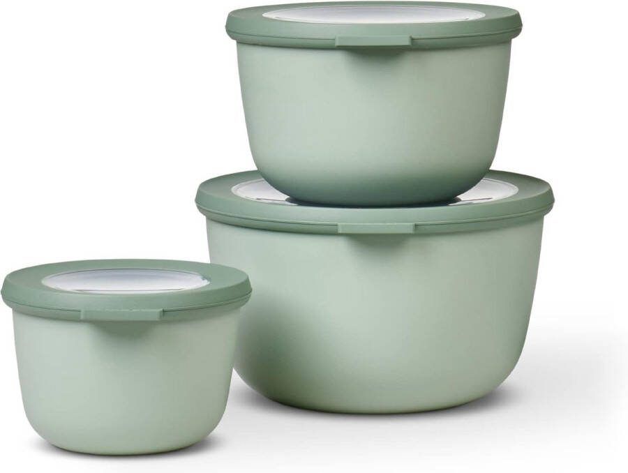 Set met meerdere schalen 3-delig rond Scandinavische salie 500 1000 en 2000 ml – kan worden gebruikt als voorraaddoos koelkast- en vriezercontainer magnetrongerei en serveerschaal met deksel