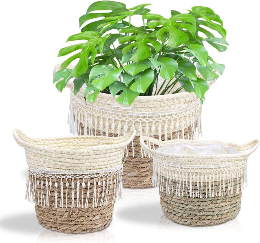 Set of 3 Plant Baskets Braided Flower Basket Old Seagrass Basket Hand-Woven Planters Flower Pot Plant Basket
