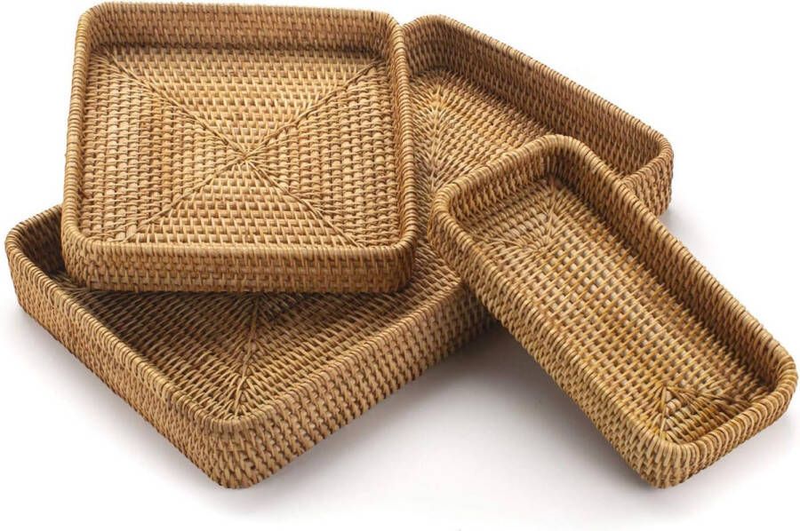 Set of 3 Rattan Tray Rectangular Wicker Tray Natural Woven Decorative Serving Baskets for Organizing Tabletop Countertop