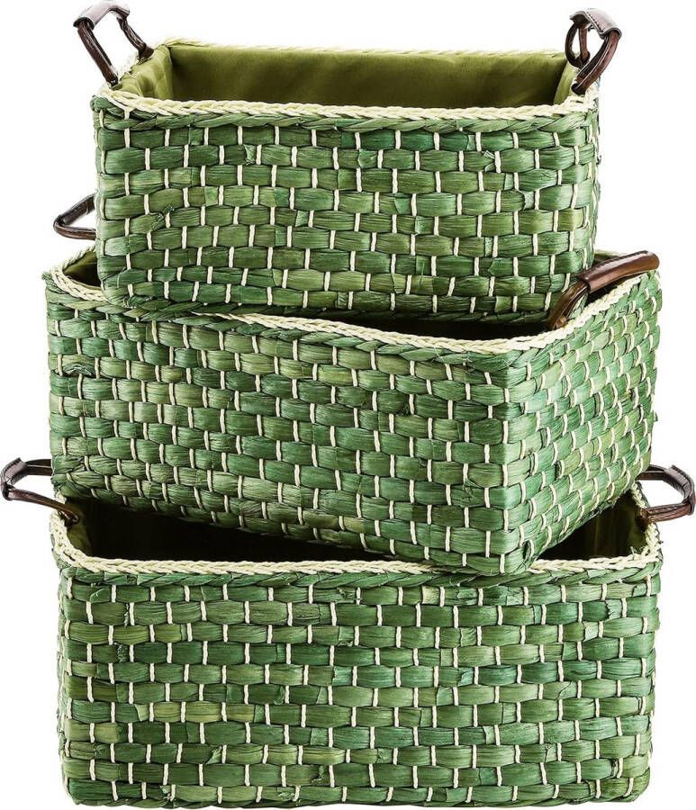 Set of 3 Woven Storage Baskets Corn Straw Organizer Bin with Handle Handwoven Basket Set for Organizing Bedroom Living Room Laundry Room Kitchen or Office Green