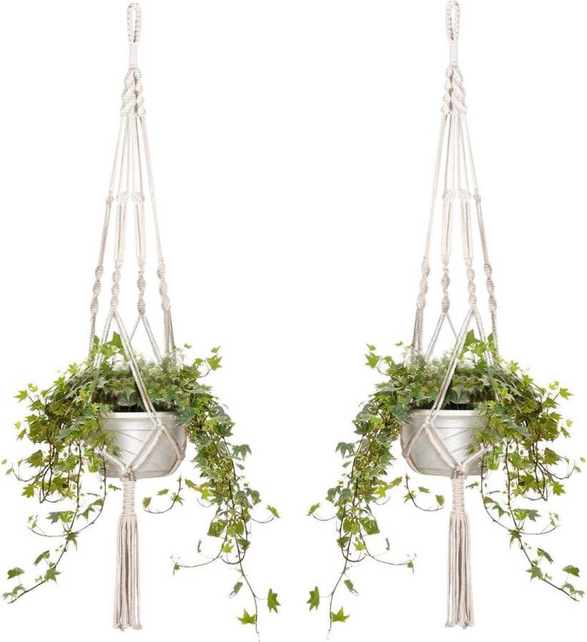 Set of 4 Macrame Hanging Baskets Cotton Rope Flower Pot Planter Hanging Baskets for Indoors and Outdoors Ceiling Balcony Wall Decoration 105 cm 4 Cords White