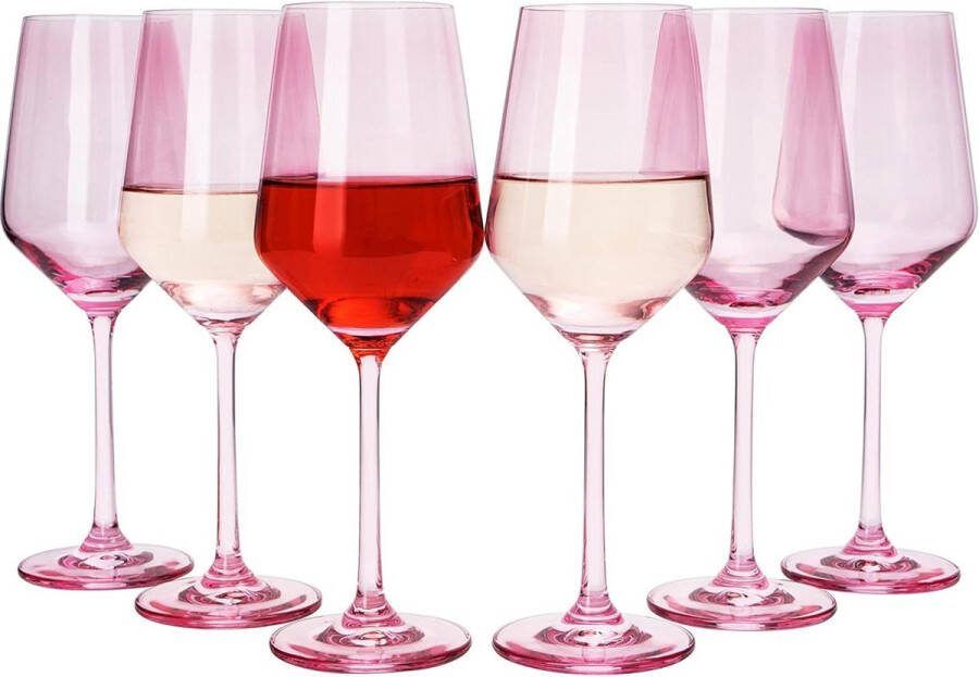 Set of 6 Blush Pink Wine Glasses Hand Blown Colored Glassware 12 oz Italian Style Crystal Burgundy Glasses Premium Stollen Unique Drinking Glasses