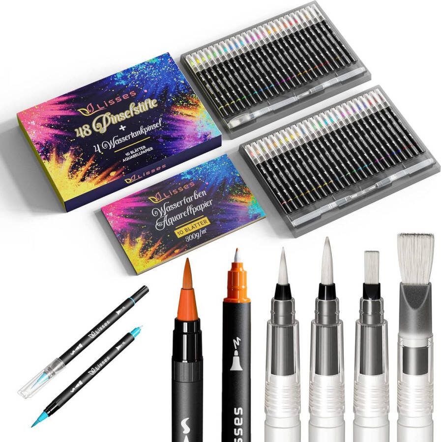 Set penselen 48 aquarelstiften inclusief 4 watertankpenselen & gratis aquarelpapier blok penseelpen set handlettering pennen voor kalligrafie tekenen en schilderen