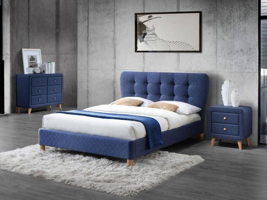Set slaapkamer ELIDE: Bed 140x190 cm en 2 nachtkastjes Blauwe stof L 163 cm x H 102 cm x D 206.5 cm