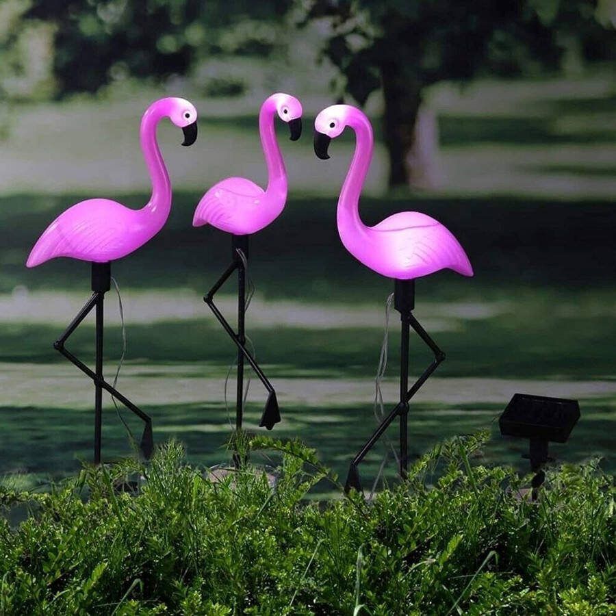Set Solar LED Tuinlamp Mini Flamingo 3 stuks Tuindecoratie IP67 op Zonne-energie Tuinbeeld