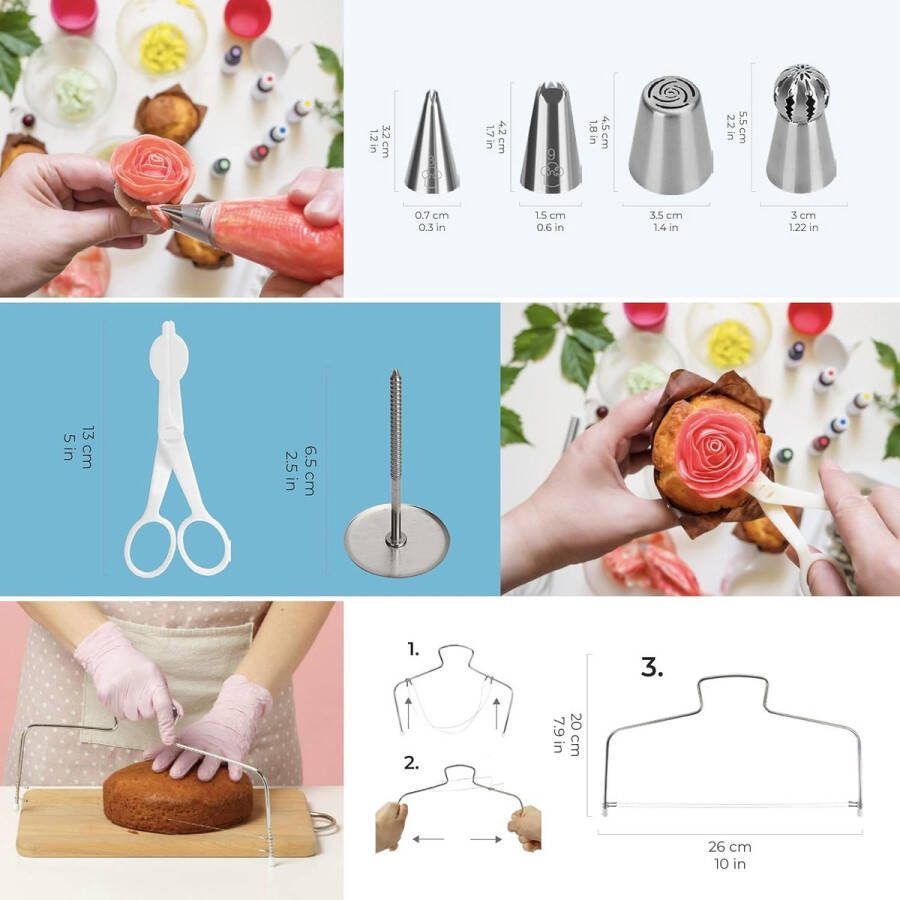 Set taartaccessoire draaibare taartplaat bakset met veel bakaccessoires voor taartdecoratie. Set met draaiplateau I taartdraaischijf en spuitmonden (Delight)