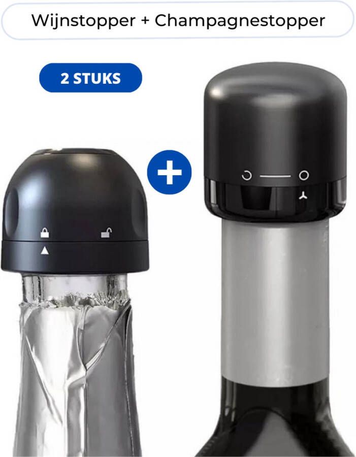 DONLINE Set van 1 x Wijnstopper + 1 x Champagne stopper Wijnafsluiter Wijndop Champagne afsluiter Wijnaccessoires Wijn en champagne tot 7 dagen langer vers