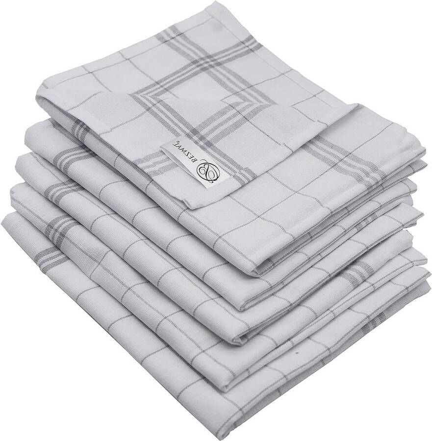 Set van 10 en 5 premium theedoeken klassieke retro look 100% katoen 45x70 cm wit-grijs