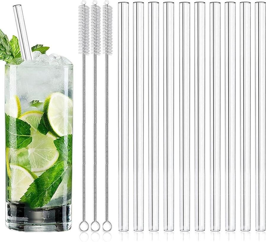 Set van 10 lange glazen rietjes 15 cm vaatwasmachinebestendig Glazen rietjes