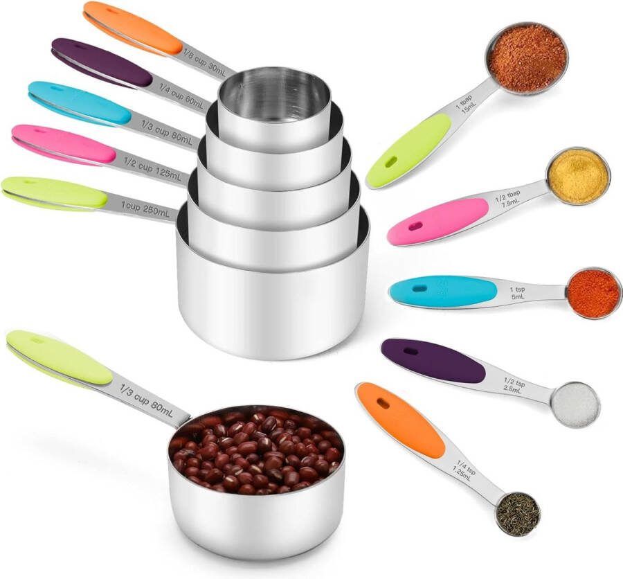 Set van 10 maatbekers en lepels van roestvrij staal in elkaar passende metalen maatbekers met zachte siliconen handgrepen voor droge en vloeibare ingrediënten koken en bakken (kleurrijk)