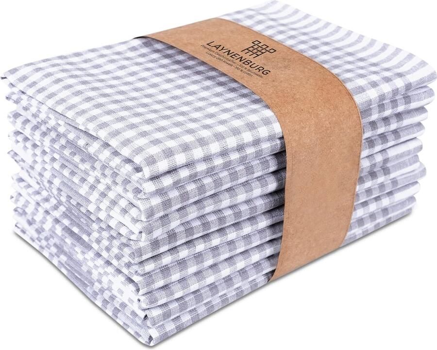 Set van 10 premium theedoeken geruit 100% katoen 45 x 65 cm & ophanghaakjes Öko-Tex-standaard 100 keukendoeken pluisvrij en modern vintage keukenhanddoeken grijs