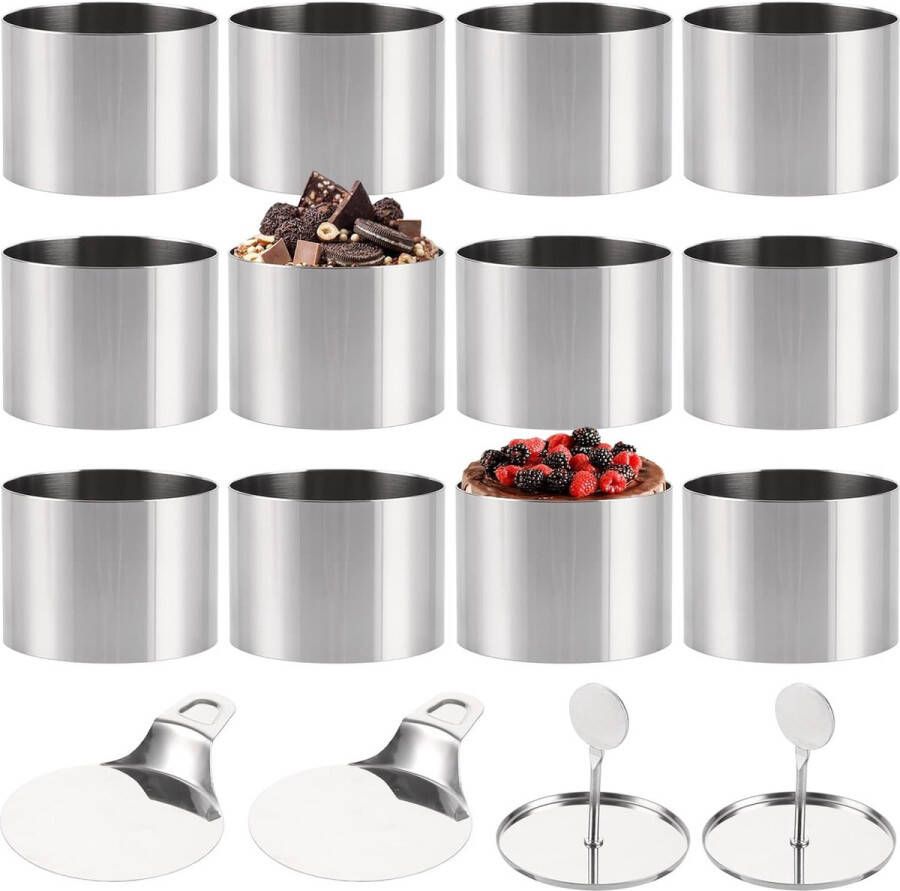 Set van 12 dessertringen en voedselringen 7 5 cm roestvrijstalen dessertringenringset met stamper taartringen kleine bakring ronde voedselringen taartring dessertringen voor doe-het-zelf-desserts