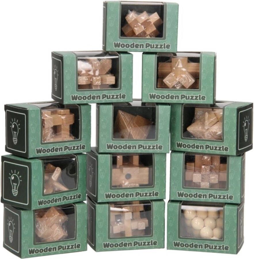 Set van 12 houten IQ puzzels echte hersenkrakers breinbrekers schoencadeau kerstcadeau sinterklaas verjaardag
